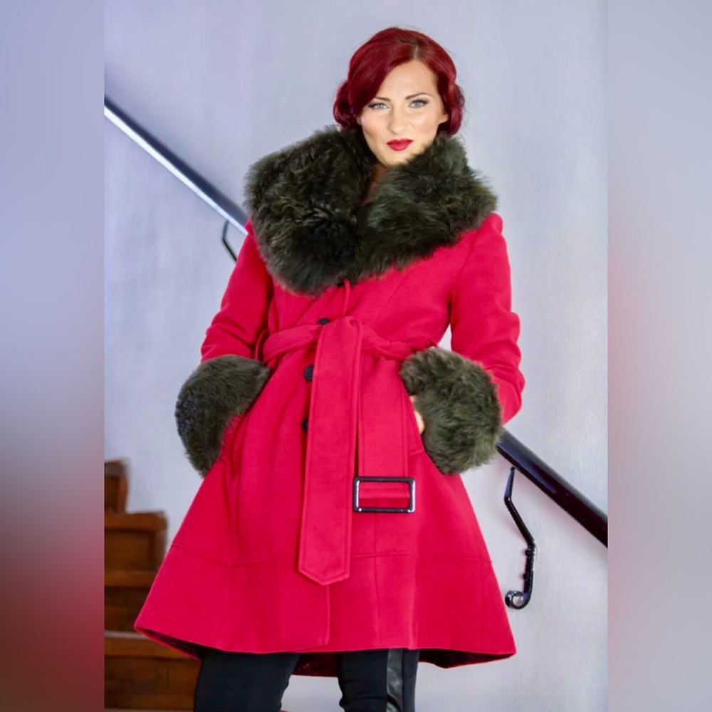 Elegant Wool Swing Coat with Faux Fur Trim